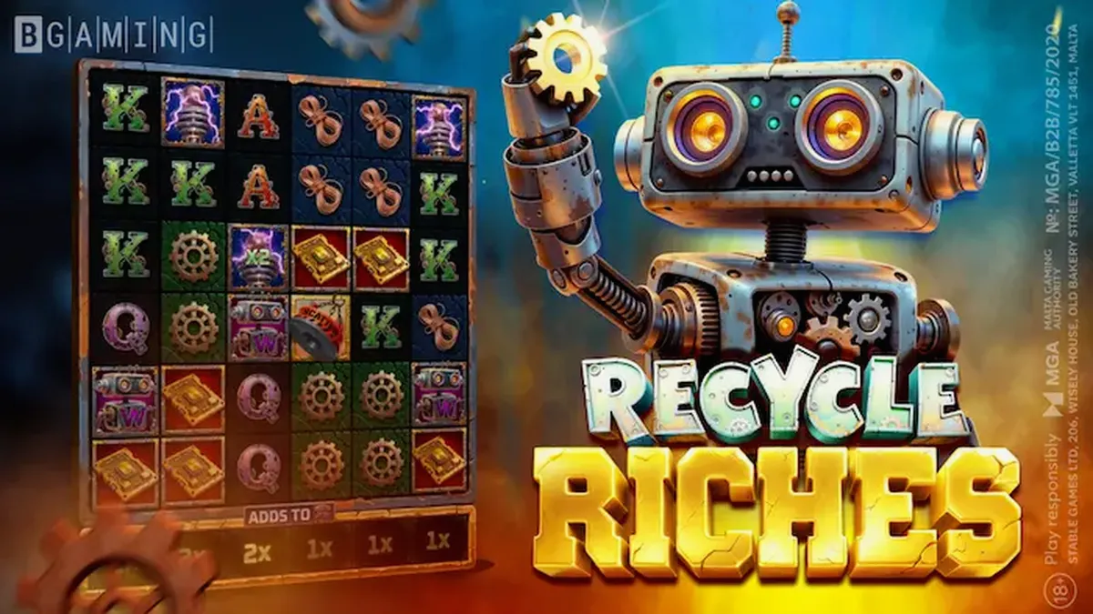 Tampilan visual futuristik dari slot The Recycle Riches dengan elemen mekanis dan robot.