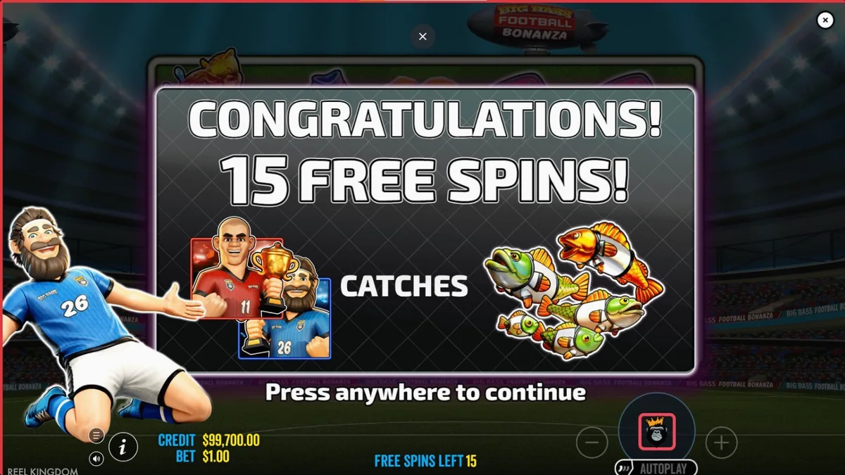 Tampilan visual slot Big Bass Football Bonanza dengan tema lapangan sepak bola dan elemen memancing.