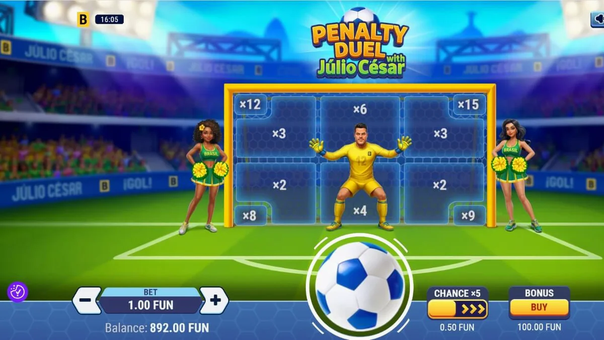 Tampilan antarmuka permainan Penalty Duel dengan tema sepak bola dan kiper Júlio César